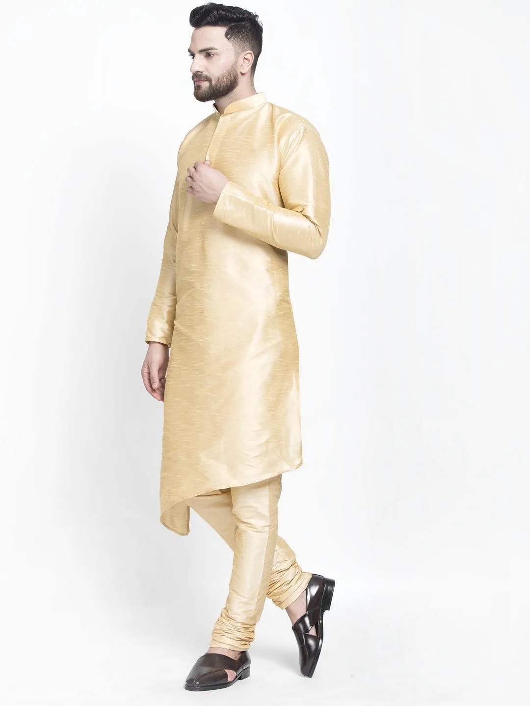 Men's Gold Solid Asymmetric Kurta With Churidaar Pyjama - Benstoke