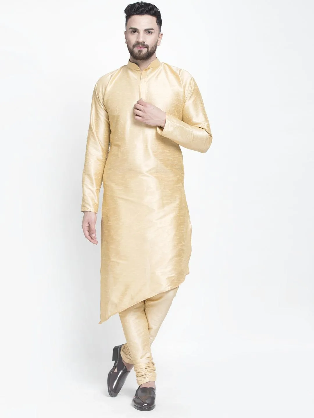 Men's Gold Solid Asymmetric Kurta With Churidaar Pyjama - Benstoke