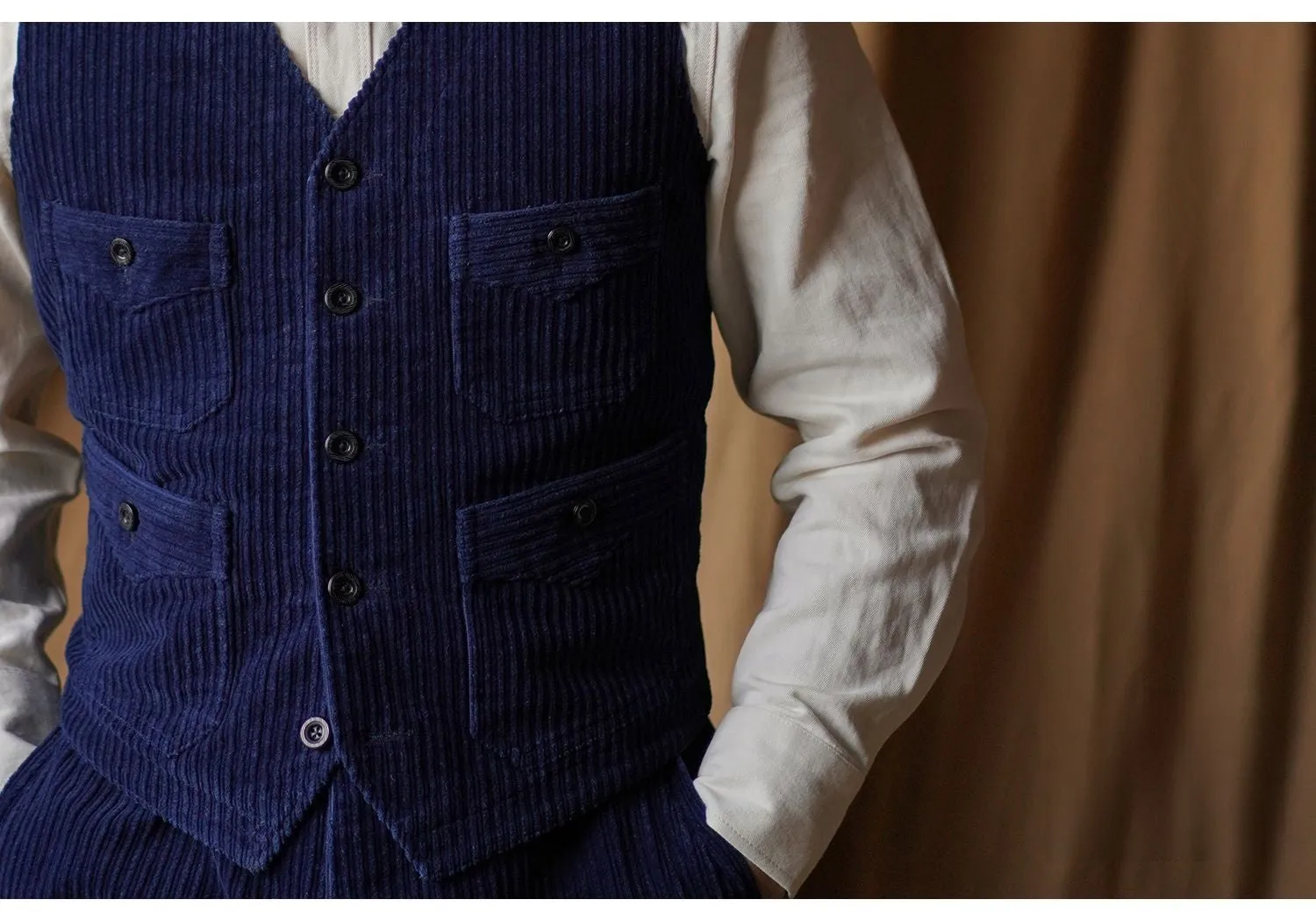 Men's Indigo Dyed V-neck Corduroy Vest