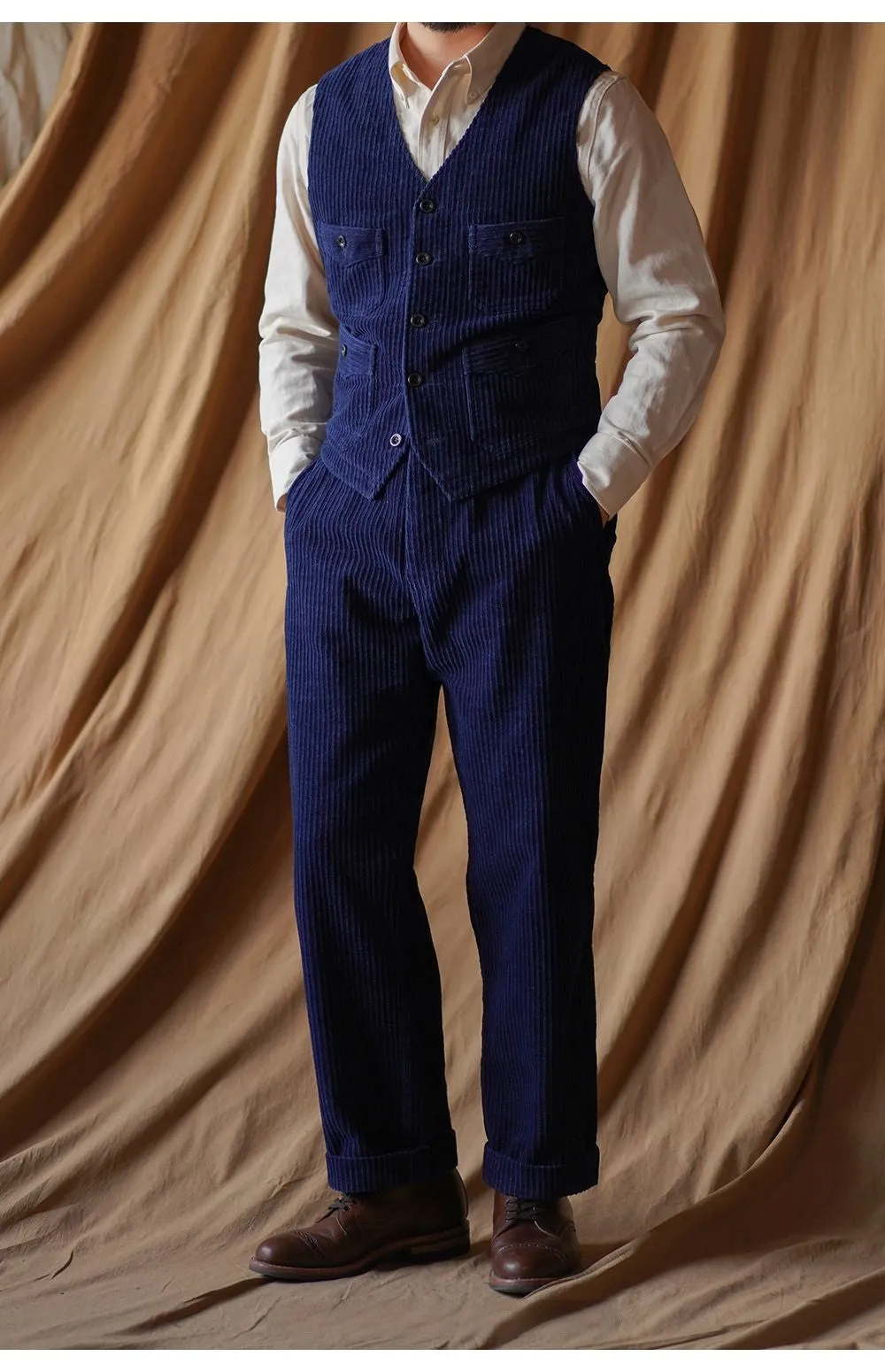 Men's Indigo Dyed V-neck Corduroy Vest