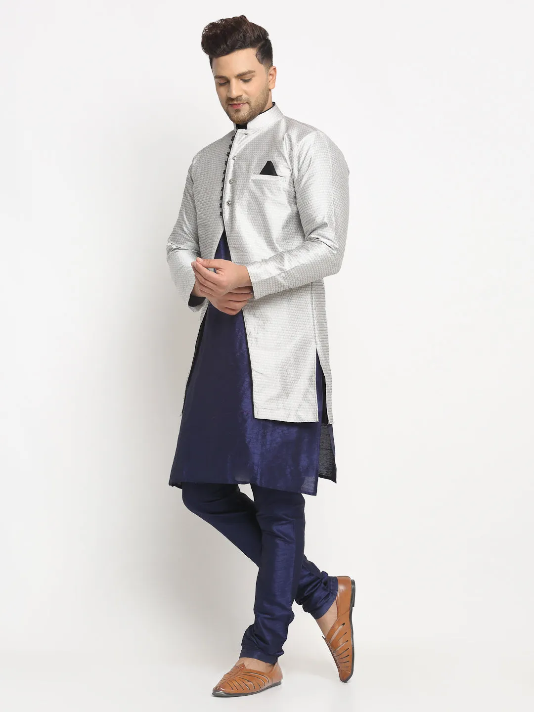 Men's Navy Blue Kurta With Pyjama & Grey Self Design Jacket - Benstoke