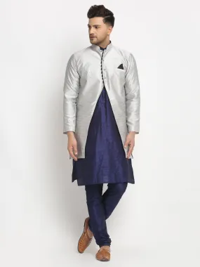 Men's Navy Blue Kurta With Pyjama & Grey Self Design Jacket - Benstoke