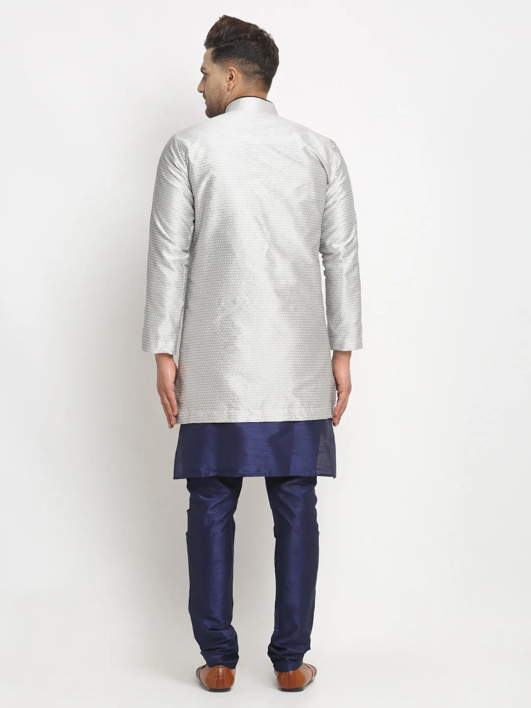 Men's Navy Blue Kurta With Pyjama & Grey Self Design Jacket - Benstoke