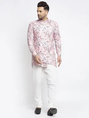 Men's Pink & Multi Printed Short Kurta With White Pyjama - Benstoke