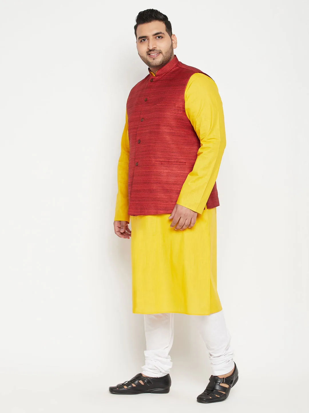 Men's Plus Mustard, Maroon And White Cotton Blend Jacket Kurta Pyjama Set - Vastramay