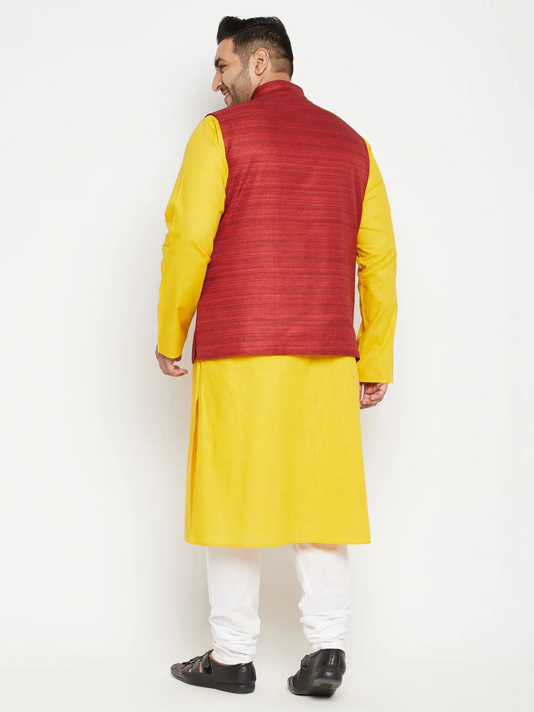 Men's Plus Mustard, Maroon And White Cotton Blend Jacket Kurta Pyjama Set - Vastramay