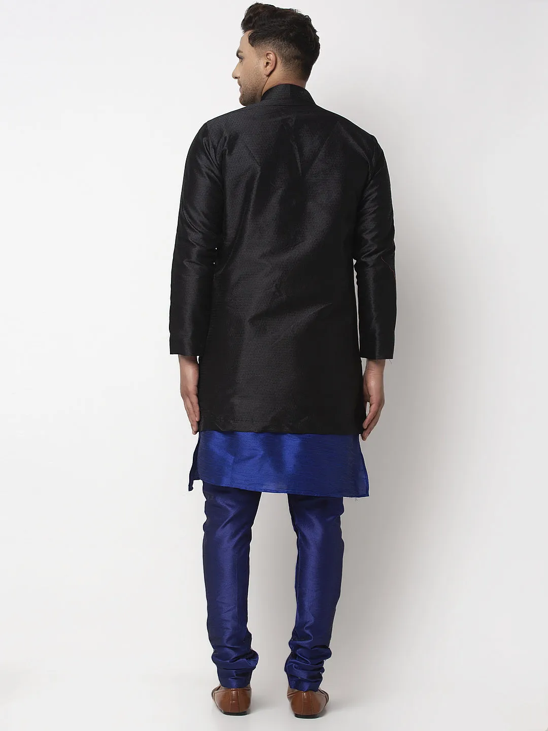 Men's Royal Blue Kurta With Pyjama & Black Self Design Jacket - Benstoke