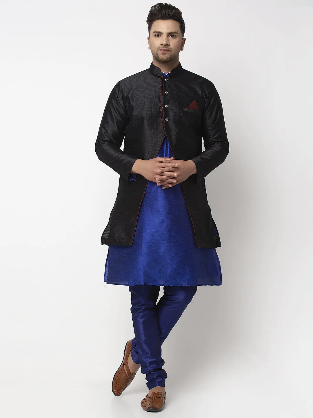 Men's Royal Blue Kurta With Pyjama & Black Self Design Jacket - Benstoke