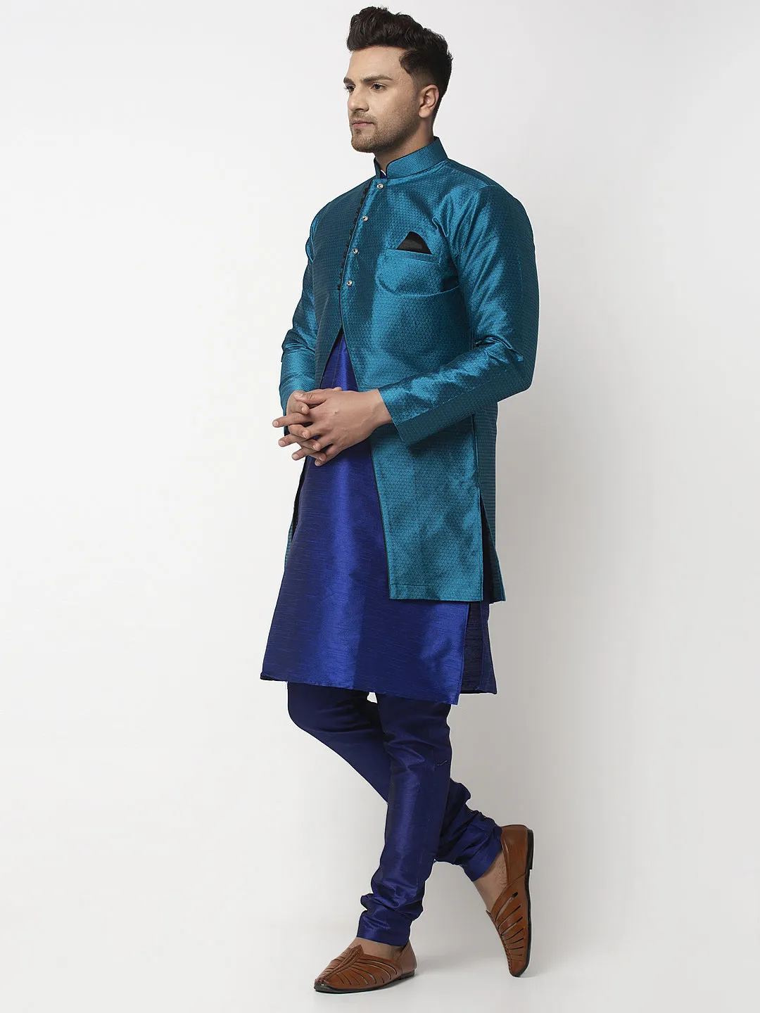 Men's Royal Blue Kurta With Pyjama & Peacock Blue Self Design Jacket - Benstoke