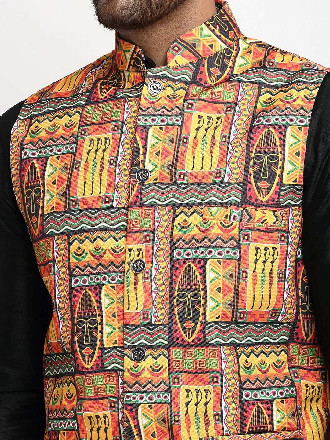 Men's Silk Blend Black Kurta With Pyjama & Yellow Printed Nehru Jacket - Benstoke