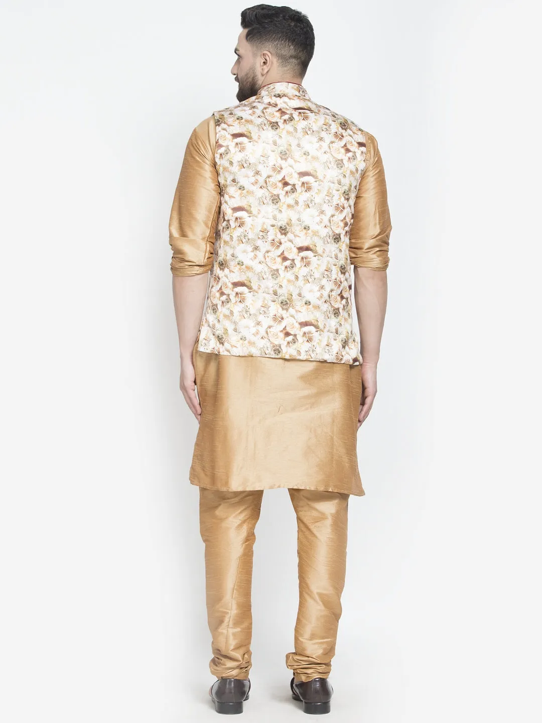 Men's Silk Blend Copper Kurta With Pyjama & Beige Printed Nehru Jacket - Benstoke