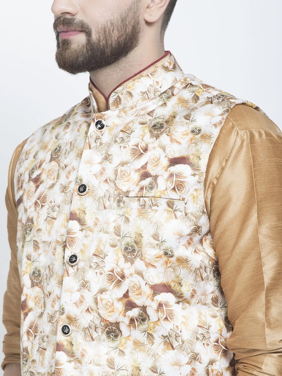 Men's Silk Blend Copper Kurta With Pyjama & Beige Printed Nehru Jacket - Benstoke