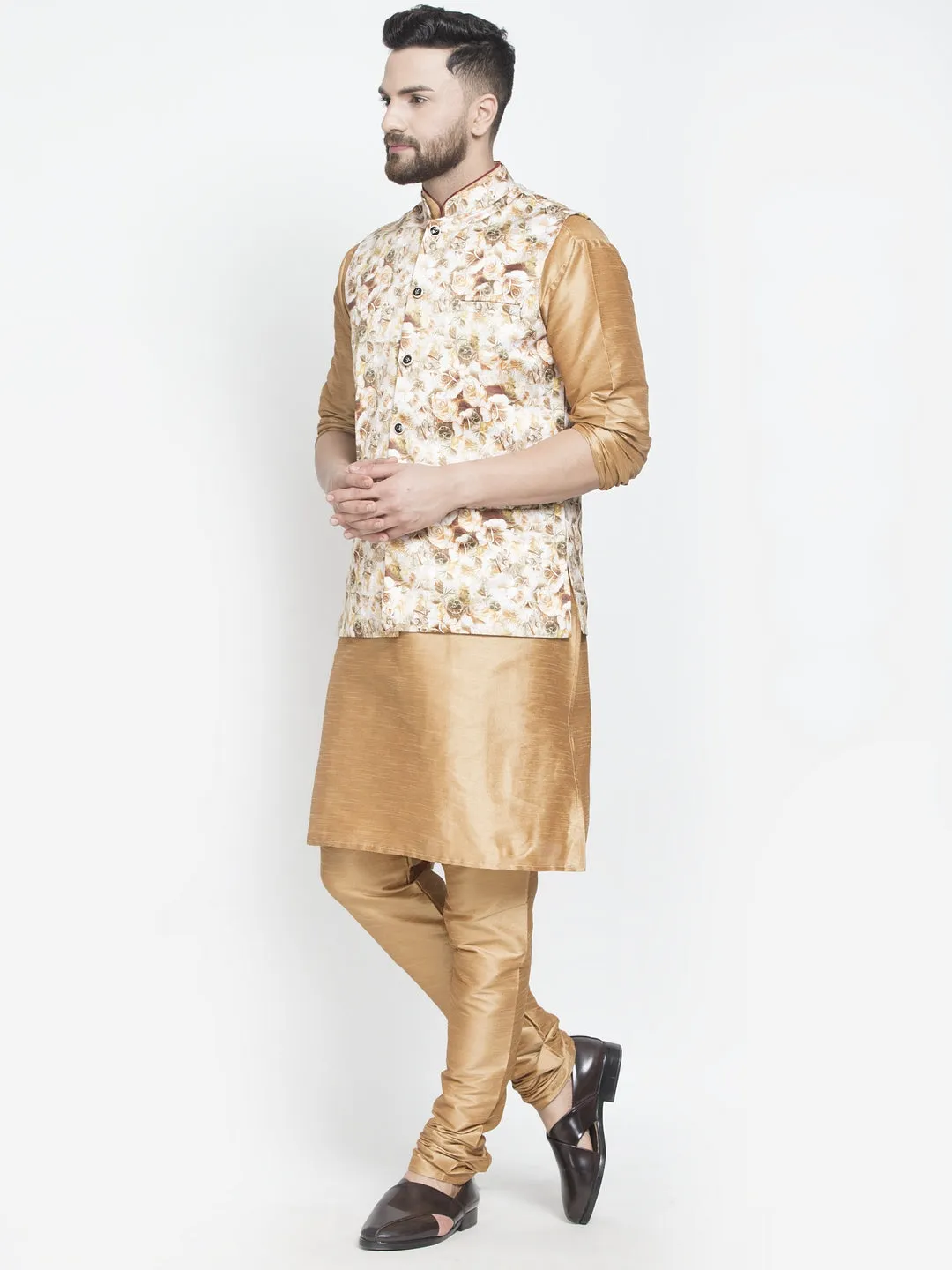 Men's Silk Blend Copper Kurta With Pyjama & Beige Printed Nehru Jacket - Benstoke