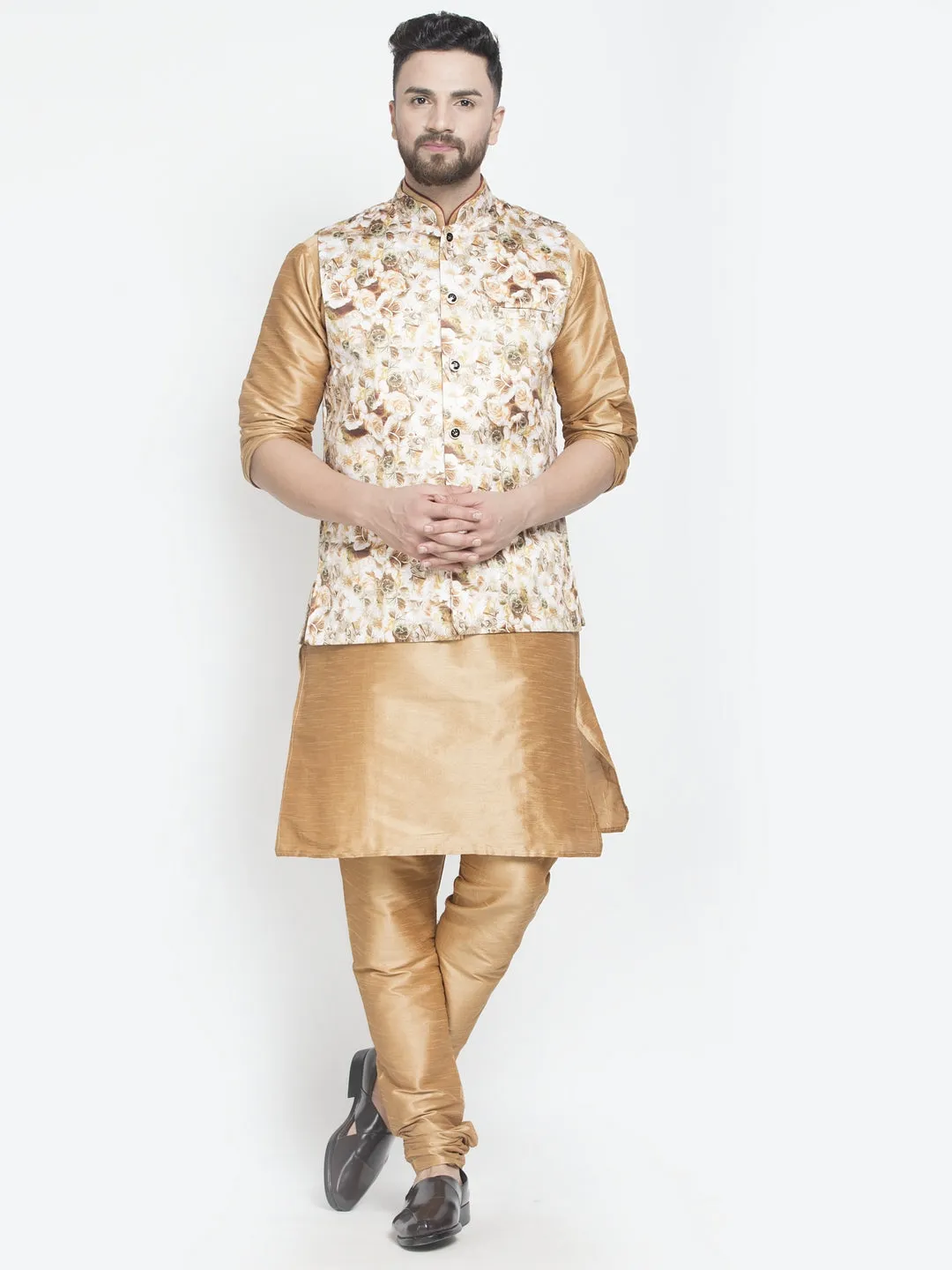 Men's Silk Blend Copper Kurta With Pyjama & Beige Printed Nehru Jacket - Benstoke