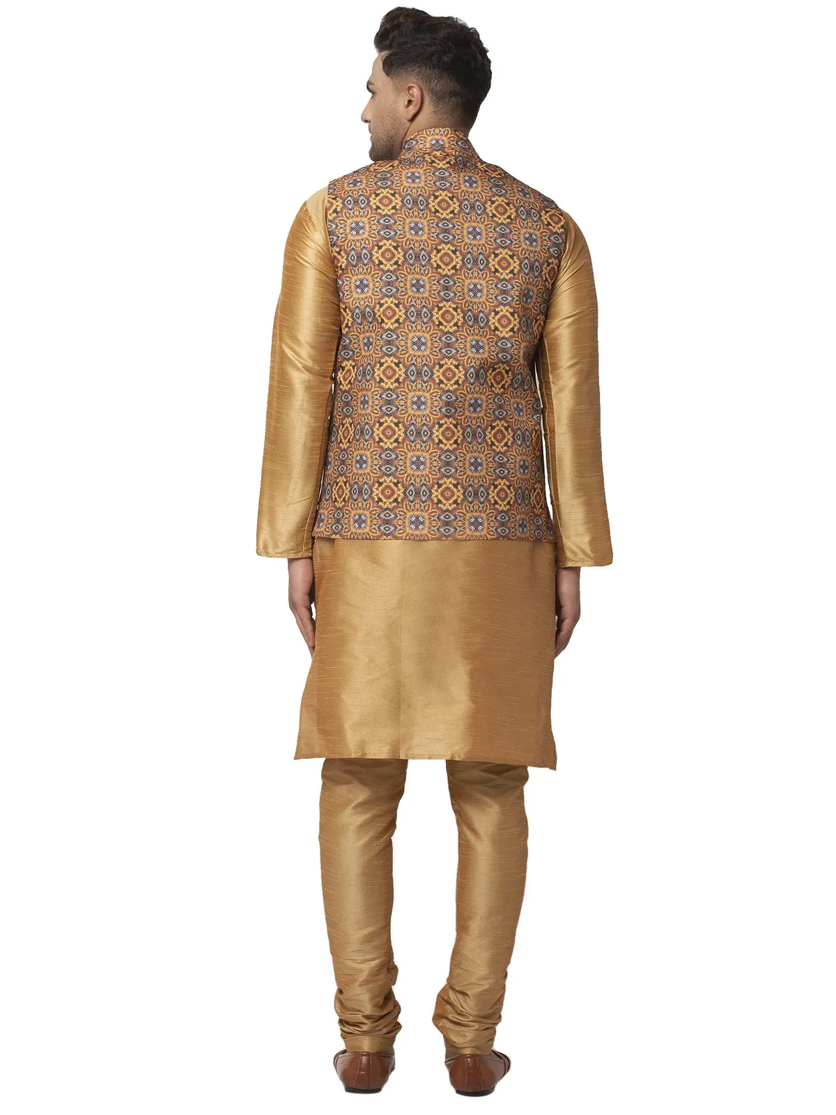 Men's Silk Blend Copper Kurta With Pyjama & Mustard Printed Nehru Jacket - Benstoke