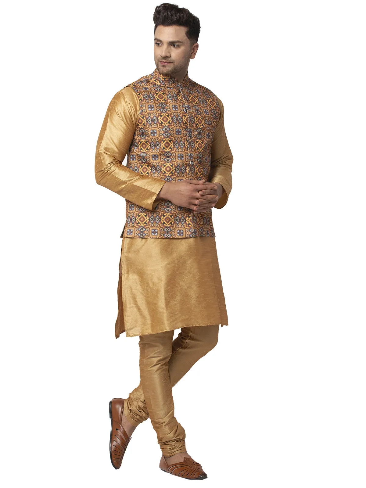 Men's Silk Blend Copper Kurta With Pyjama & Mustard Printed Nehru Jacket - Benstoke