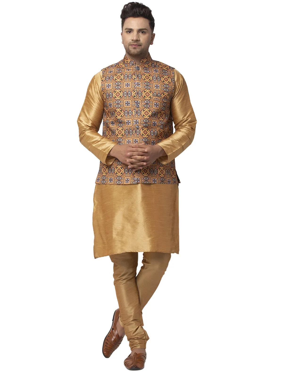 Men's Silk Blend Copper Kurta With Pyjama & Mustard Printed Nehru Jacket - Benstoke