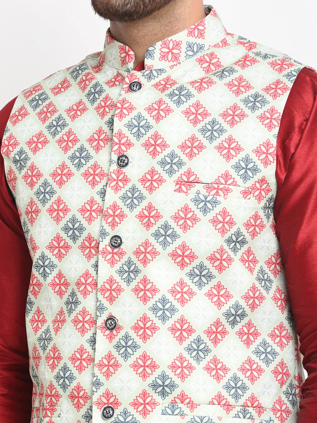 Men's Silk Blend Maroon Kurta With Pyjama & Green Printed Nehru Jacket - Benstoke