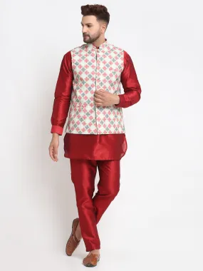 Men's Silk Blend Maroon Kurta With Pyjama & Green Printed Nehru Jacket - Benstoke