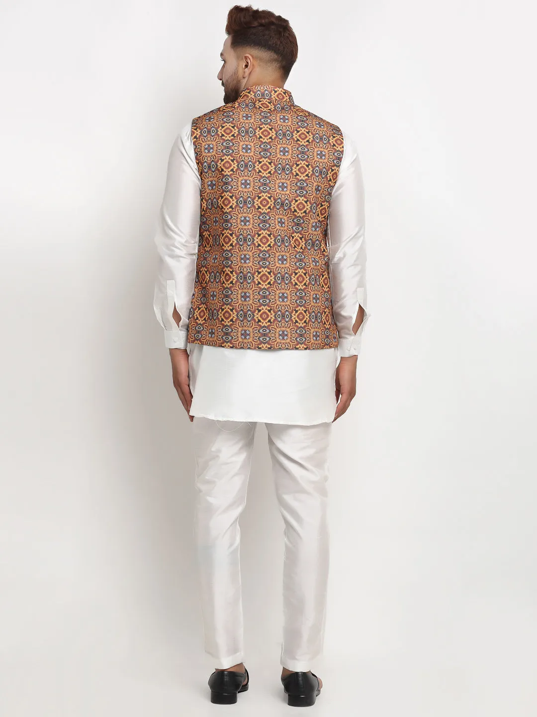 Men's Silk Blend White Kurta With Pyjama & Mustard Printed Nehru Jacket - Benstoke