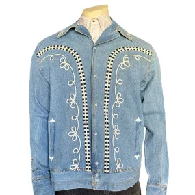 Men's Vintage Western Denim Bolero Jacket with White Rope Embroidery