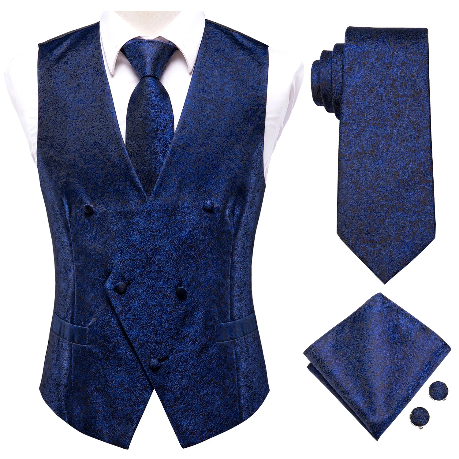 Navy Blue Floral Jacquard Silk Men's Vest Hanky Cufflinks Tie Set