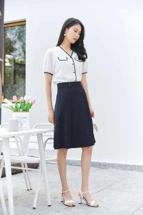 Navy Blue High Waist Midi Skirt