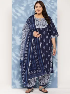 Navy Blue Yoke Design Cotton Straight Kurta With Salwar and Dupatta