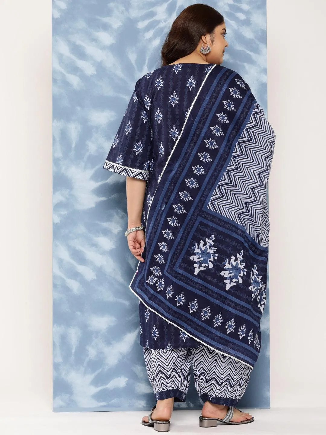 Navy Blue Yoke Design Cotton Straight Kurta With Salwar and Dupatta