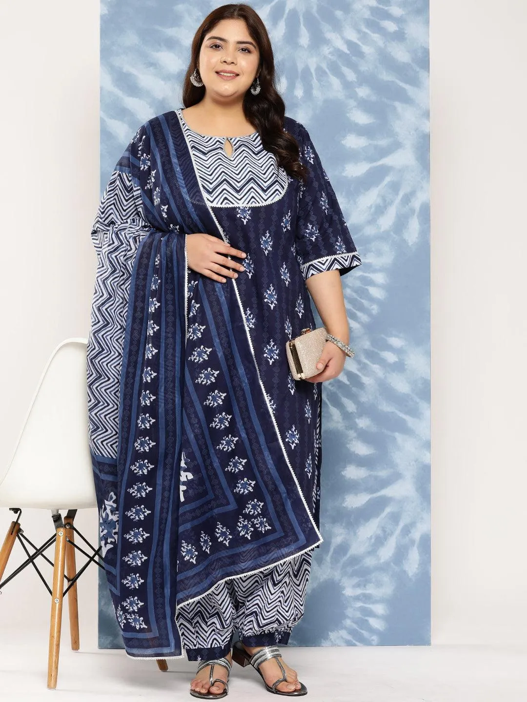 Navy Blue Yoke Design Cotton Straight Kurta With Salwar and Dupatta