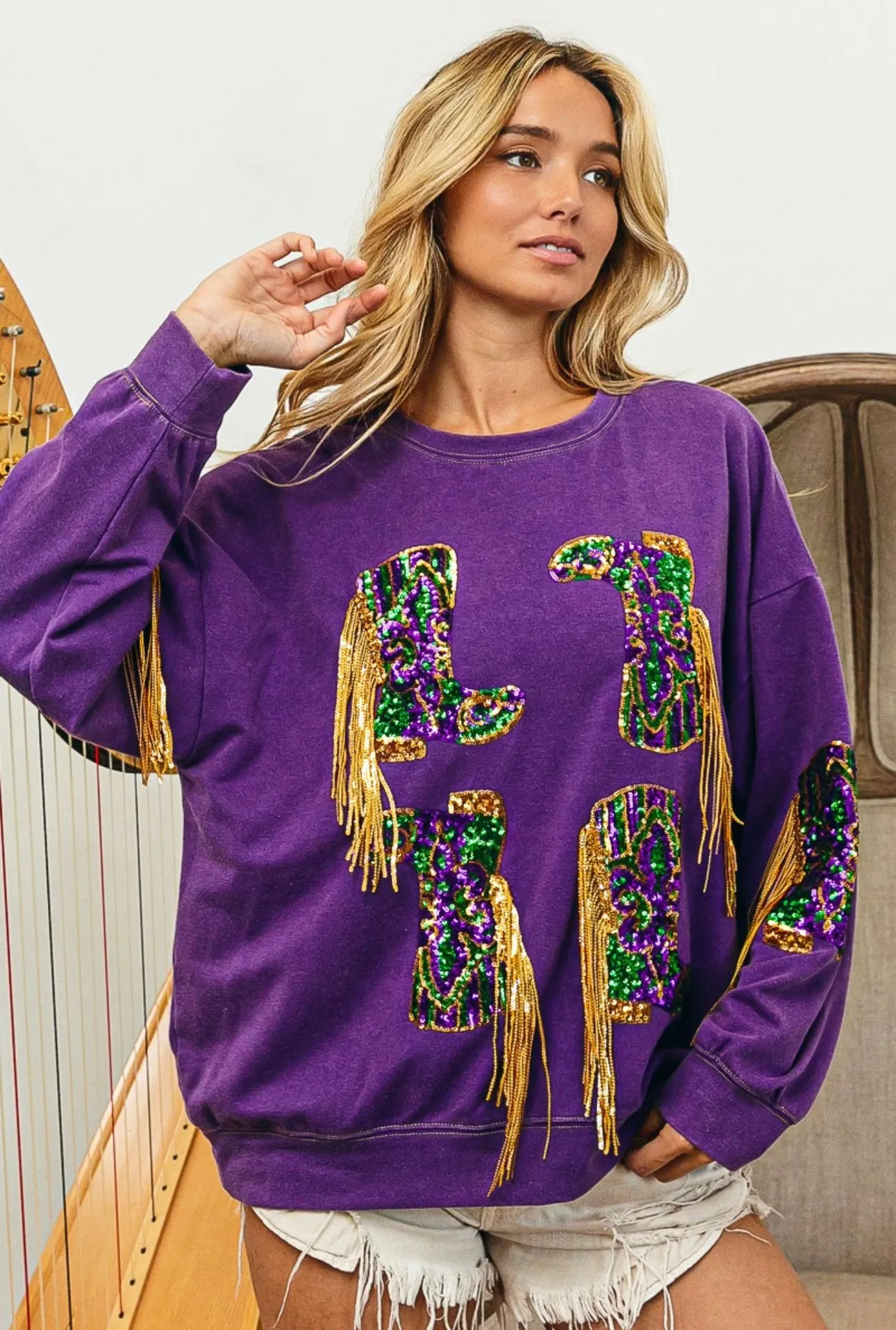 Nemesis Fringed Mardi Gras Boots Sequin Pullover