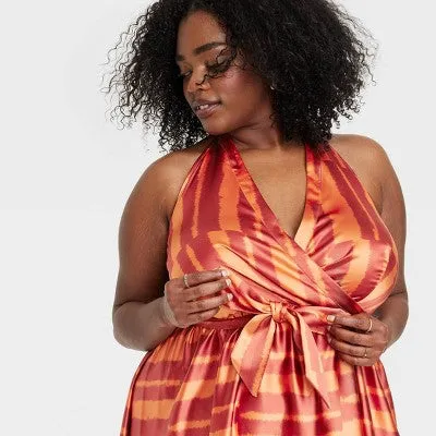 New - Black History Month Women's House of Aama Halter Neck A-Line Dress - Red Striped 1X