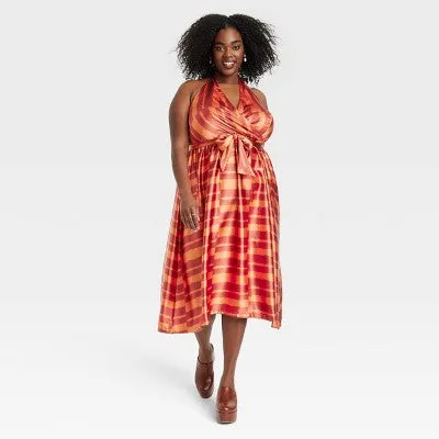 New - Black History Month Women's House of Aama Halter Neck A-Line Dress - Red Striped 1X