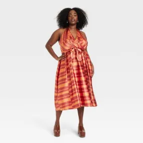 New - Black History Month Women's House of Aama Halter Neck A-Line Dress - Red Striped 1X