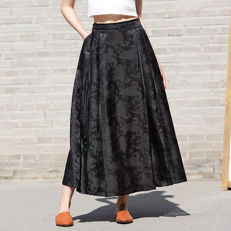 New Chinese-style Black Vintage Pattern Mulberry Silk Midi Skirt Mamianqun Skirt