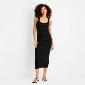 New - Women's Button-Front Ribbed Midi Dress - Future Collective with Jenee Naylor Black S