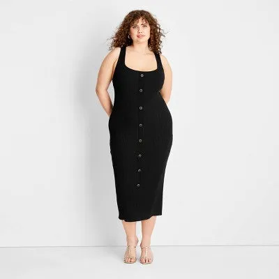 New - Women's Button-Front Ribbed Midi Dress - Future Collective with Jenee Naylor Black XXL