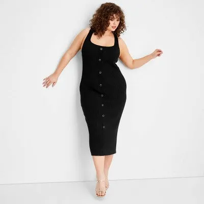 New - Women's Button-Front Ribbed Midi Dress - Future Collective with Jenee Naylor Black XXL