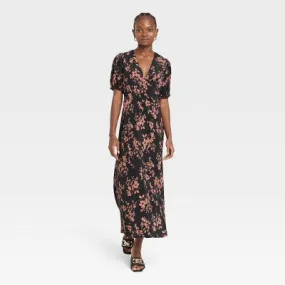 New - Women's Crepe Puff Short Sleeve Midi Dress - A New Day Black/Brown Floral XL