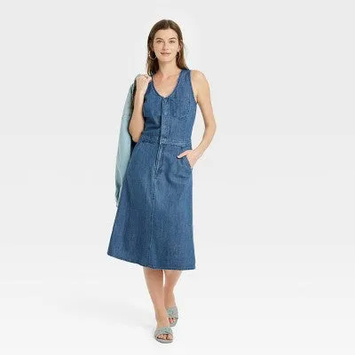 New - Women's Denim Midi Dress - Universal Thread Sky Blue 8