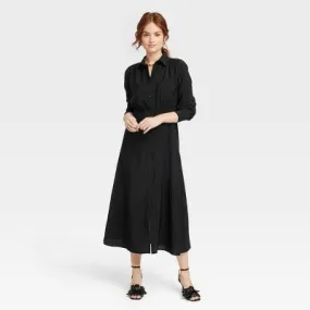 New - Women's Long Sleeve Collared Midi Crepe Shirtdress - A New Day Black XS