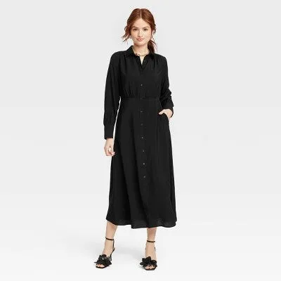 New - Women's Long Sleeve Collared Midi Crepe Shirtdress - A New Day Black XS