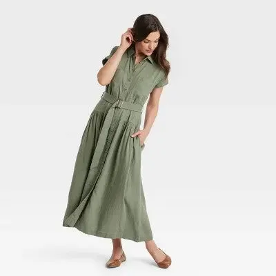 New - Women's Short Sleeve Belted Midi Shirtdress - Universal Thread Olive Green M