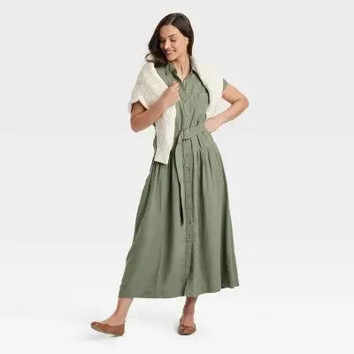 New - Women's Short Sleeve Belted Midi Shirtdress - Universal Thread Olive Green S