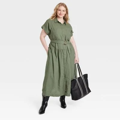 New - Women's Short Sleeve Belted Midi Shirtdress - Universal Thread