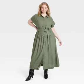 New - Women's Short Sleeve Belted Midi Shirtdress - Universal Thread