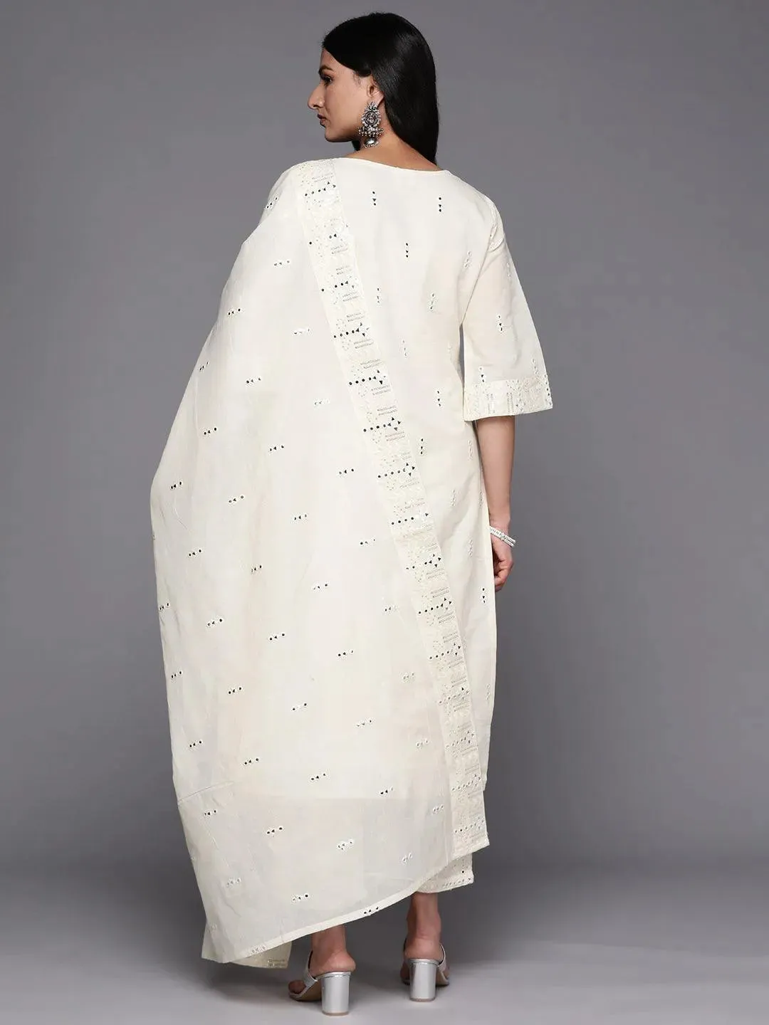 Off-White Embroidered Cotton Straight Kurta With Palazzos & Dupatta