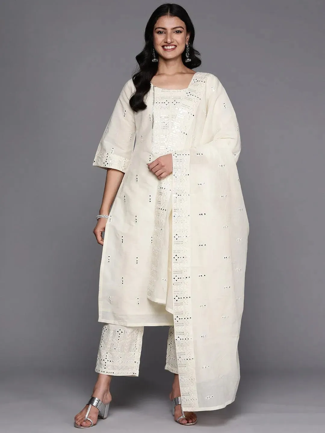 Off-White Embroidered Cotton Straight Kurta With Palazzos & Dupatta