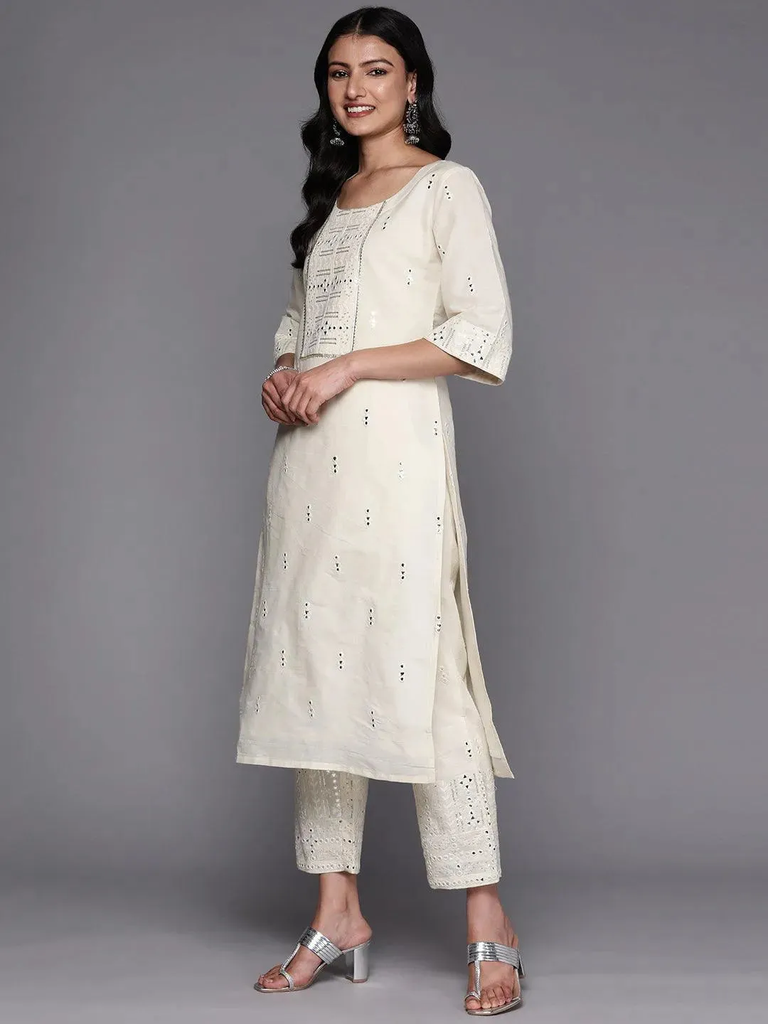 Off-White Embroidered Cotton Straight Kurta With Palazzos & Dupatta