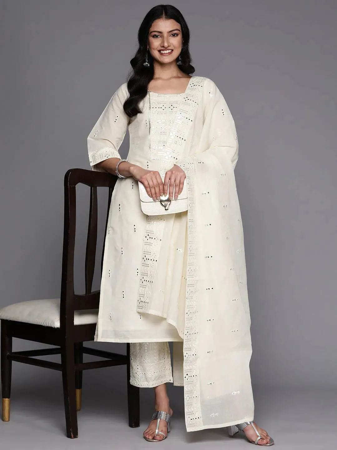 Off-White Embroidered Cotton Straight Kurta With Palazzos & Dupatta